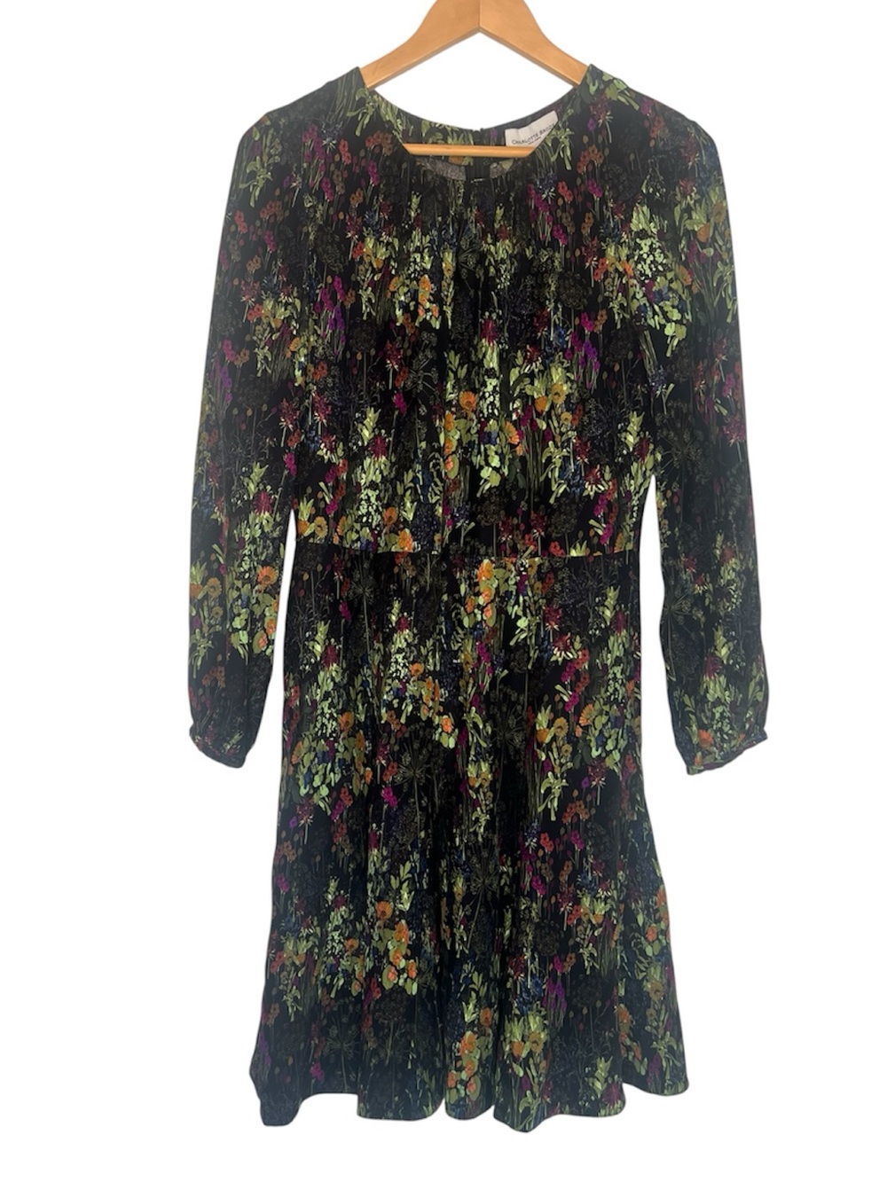 Charlotte Brody New York Black Floral 100% Silk Long Sleeve Mini Dress Size M